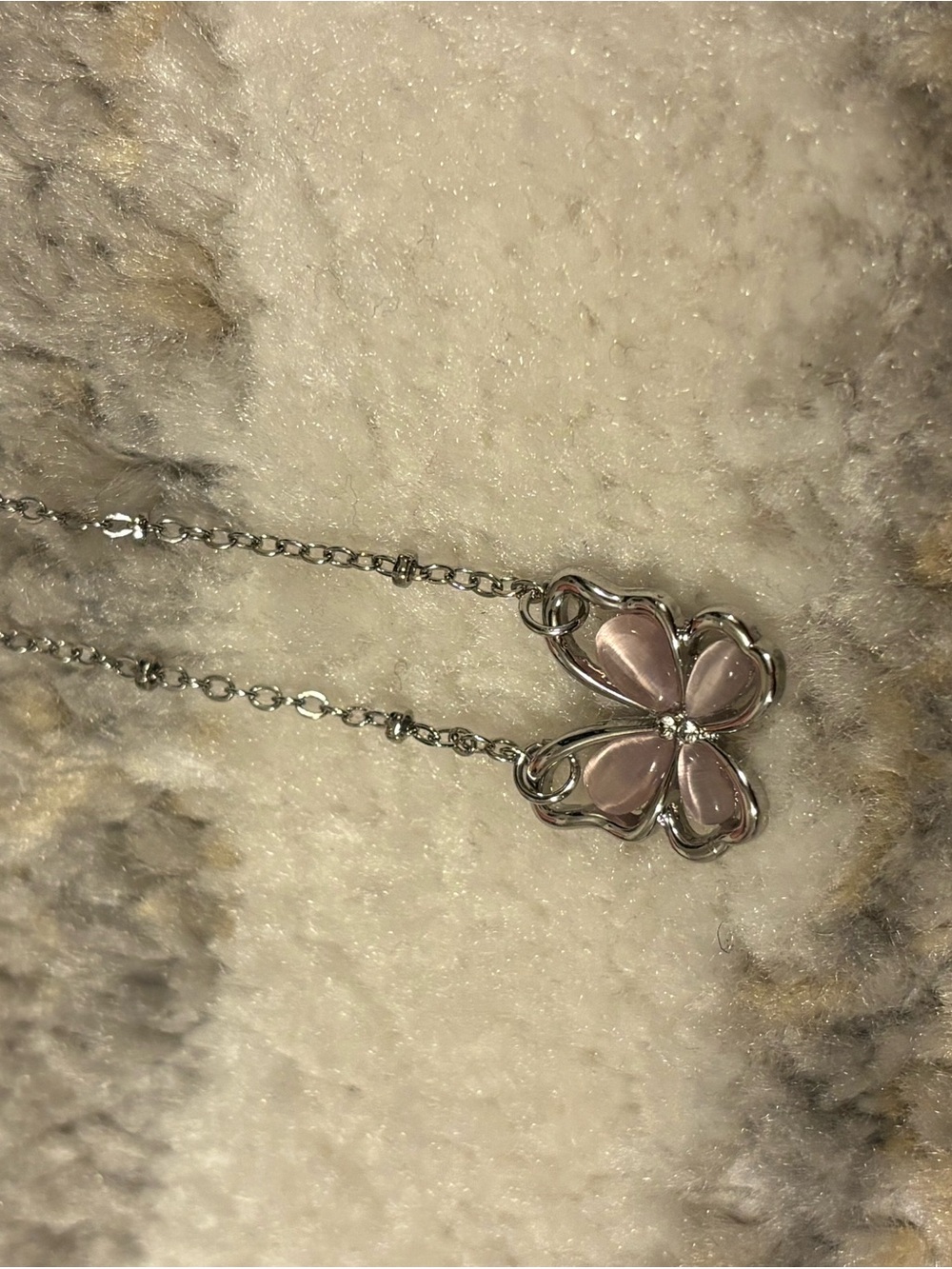 Silver Necklace with Pink Four-Petal Flower Pendant - Women Jewelry